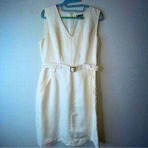 DKNY linen cotton sleeveless dress cream beige belt with pockets fully lined 10